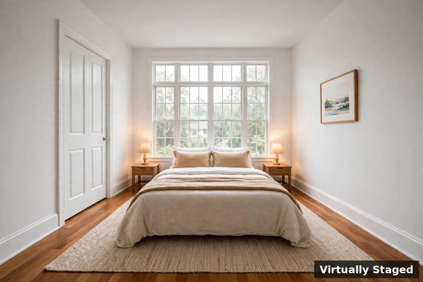 The same bedroom virtually staged with a dressed bed, nightstands with lamps, a rug, and a framed print; the words Virtually Staged appear as a label in the corner of the image