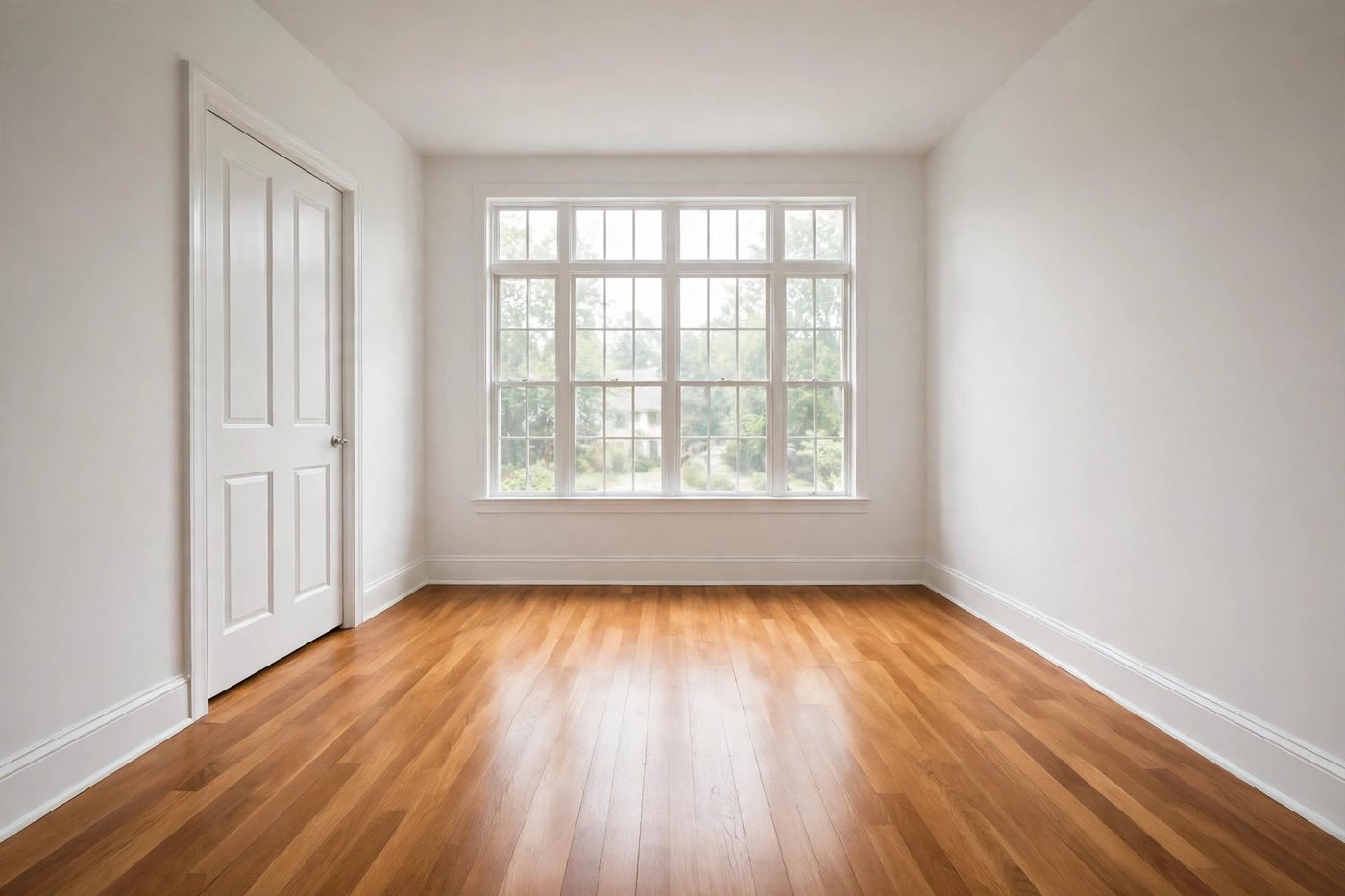 Original photograph of a vacant bedroom with white walls, hardwood floors, and a large window — unstaged and untouched