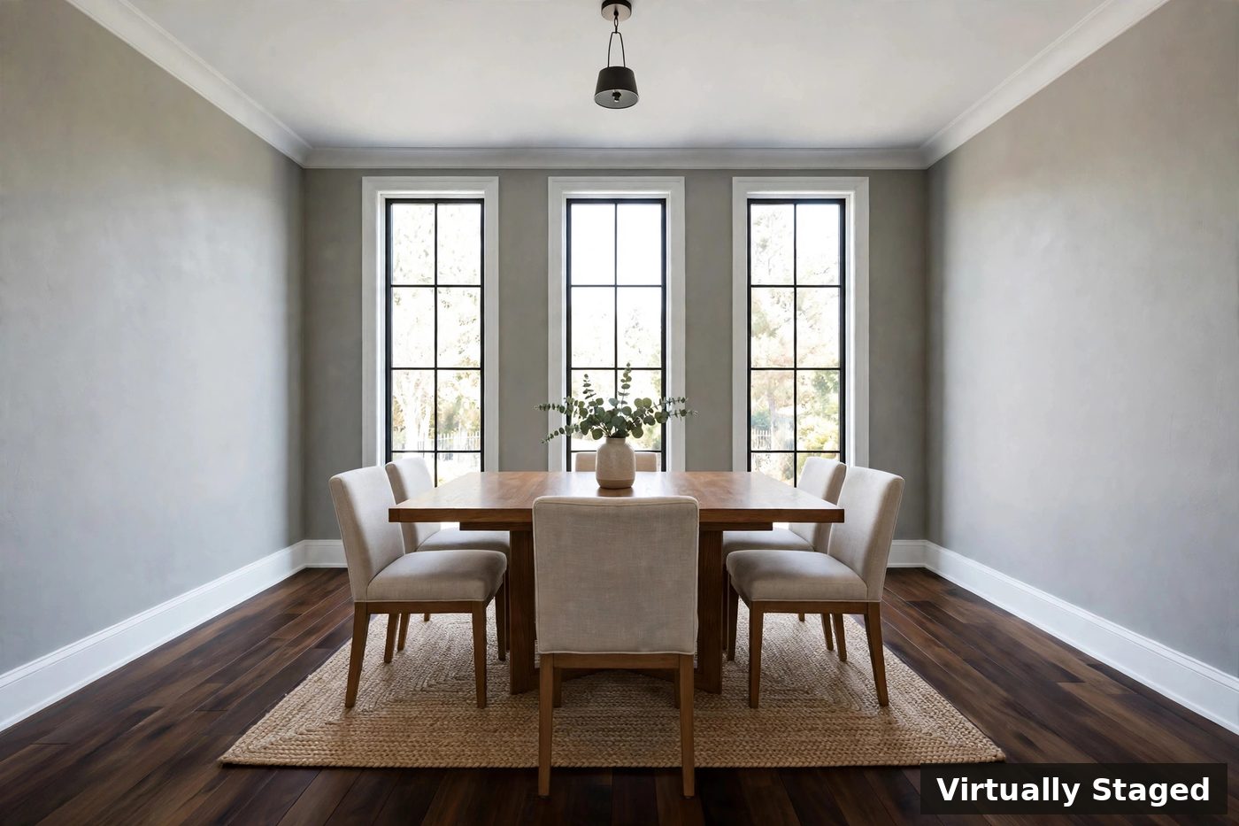 The same dining room virtually staged with a wooden table, six chairs, a woven rug, and a vase centerpiece; the words Virtually Staged appear as a label in the corner of the image