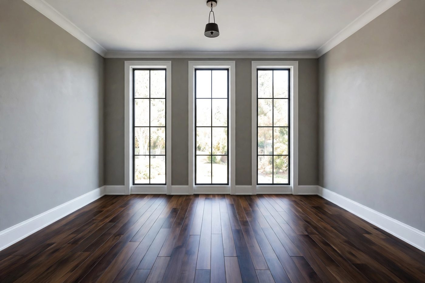Original photograph of an empty dining room with gray walls, dark wood floors, and three tall windows — unstaged and untouched