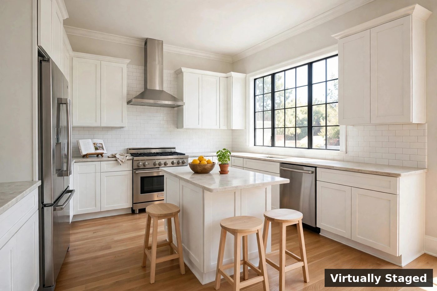 The same kitchen virtually staged with counter stools at the island, a bowl of lemons, a potted herb, and a cookbook by the stove; the words Virtually Staged appear as a label in the corner of the image