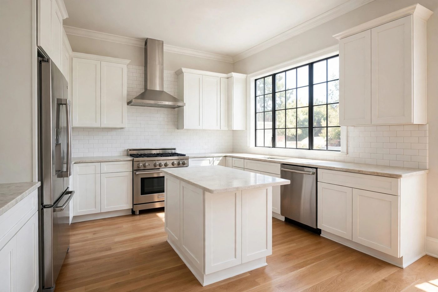 Original photograph of an empty kitchen with white cabinets, stainless appliances, and a bare island — unstaged and untouched